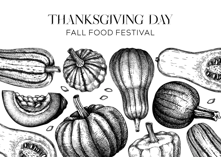 Sketched pumpkin banner. Thanksgiving day background. Autumn food black and white drawings. Vector vegetables, butternut squash, marrow, pumpkin slice sketches. Fall Harvest festival frame design